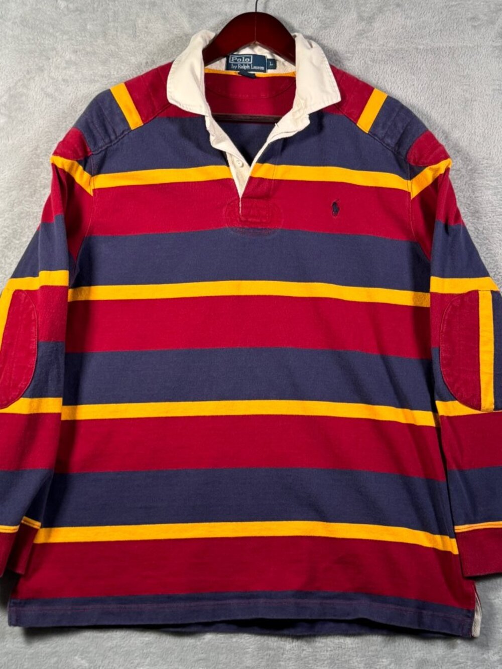 Polo Ralph Lauren Rugby Shirt Mens L Navy Red Yellow Striped Elbow Patch Padded
